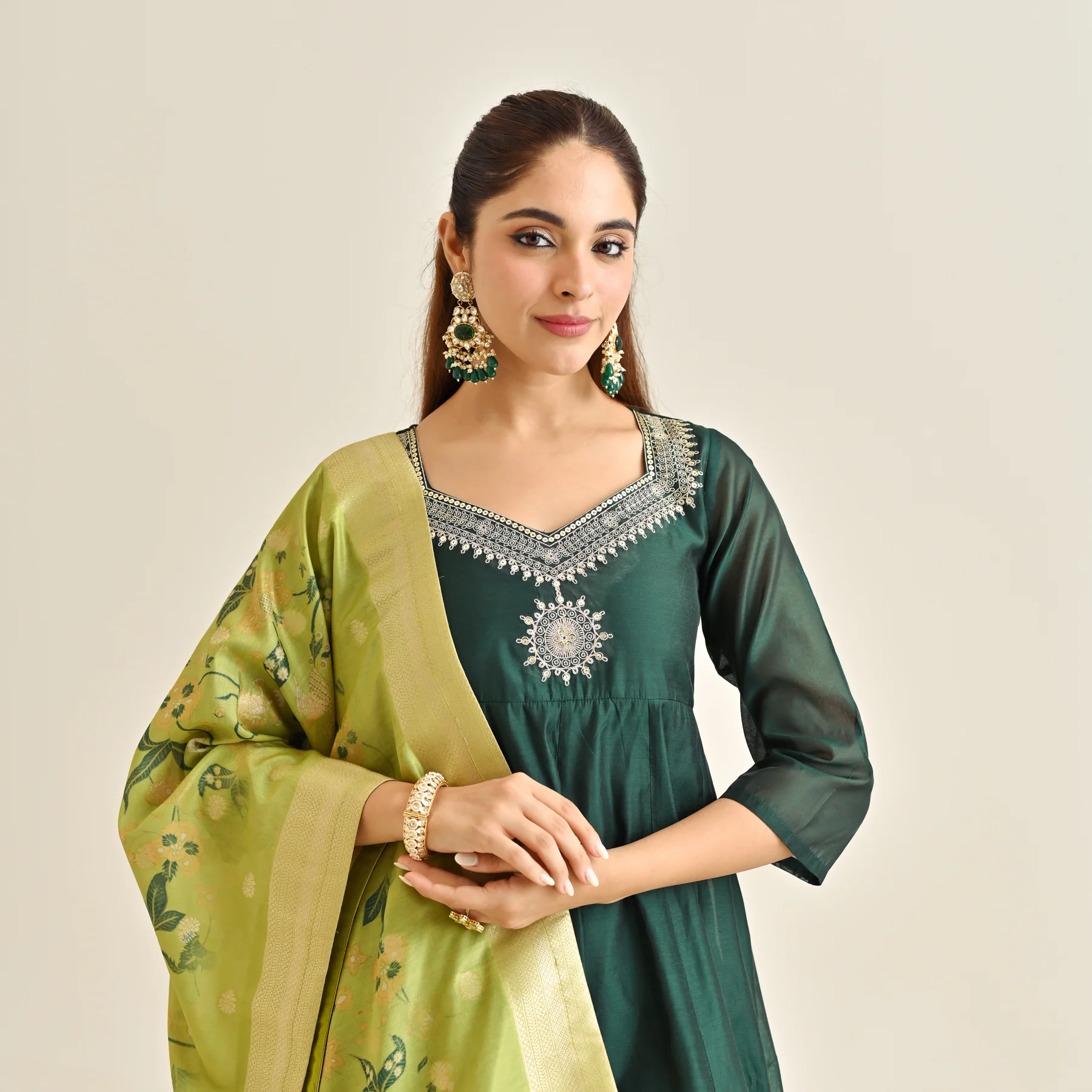 Emerald Green Festive Anarkali Set with Brocade Dupatta - Image 5