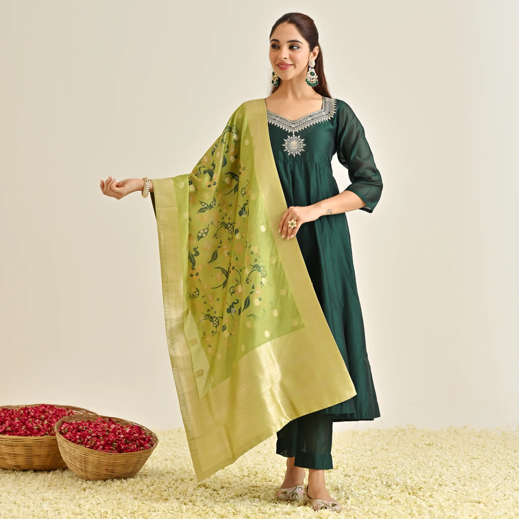 Emerald Green Festive Anarkali Set with Brocade Dupatta - Image 6
