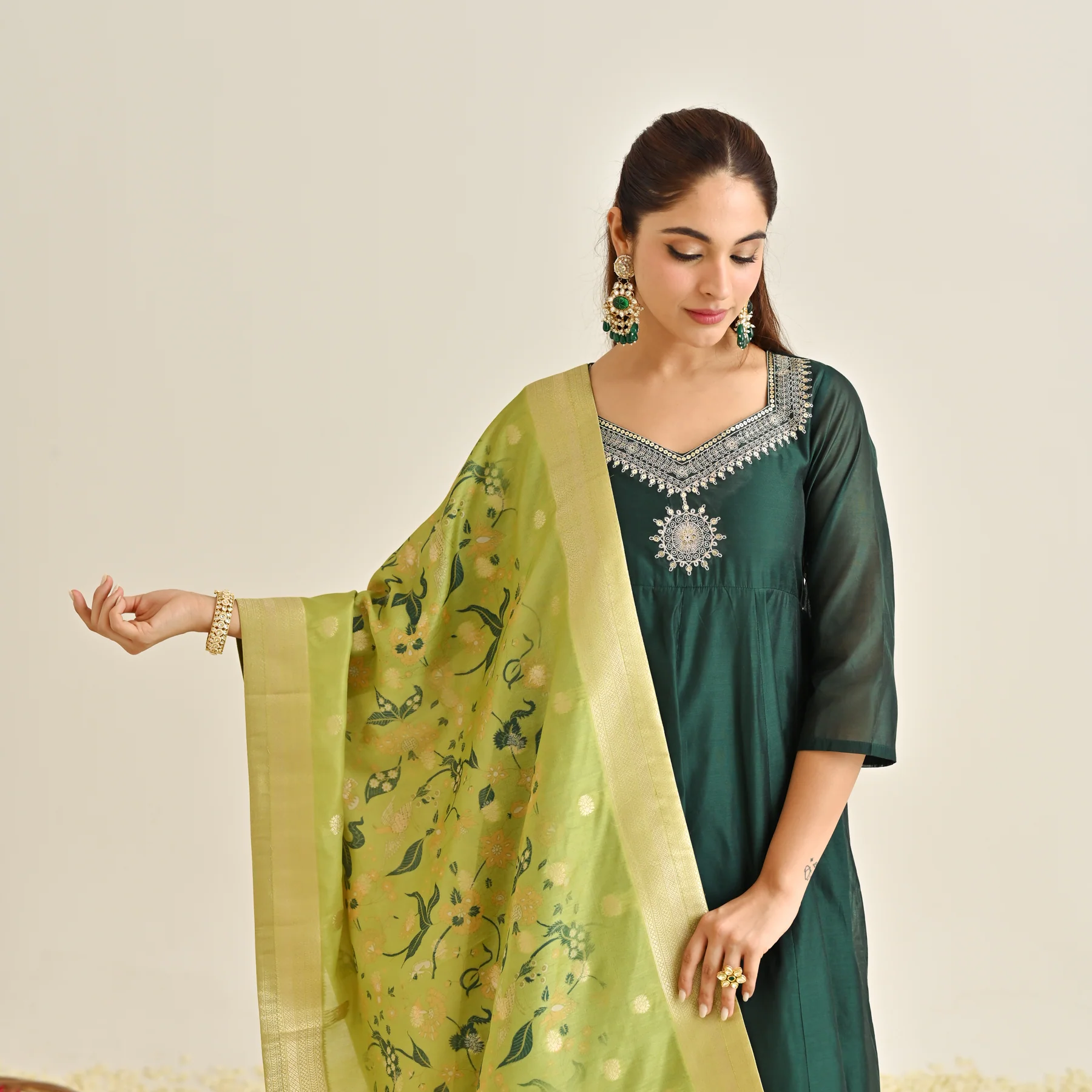 Emerald Green Festive Anarkali Set with Brocade Dupatta - Image 7