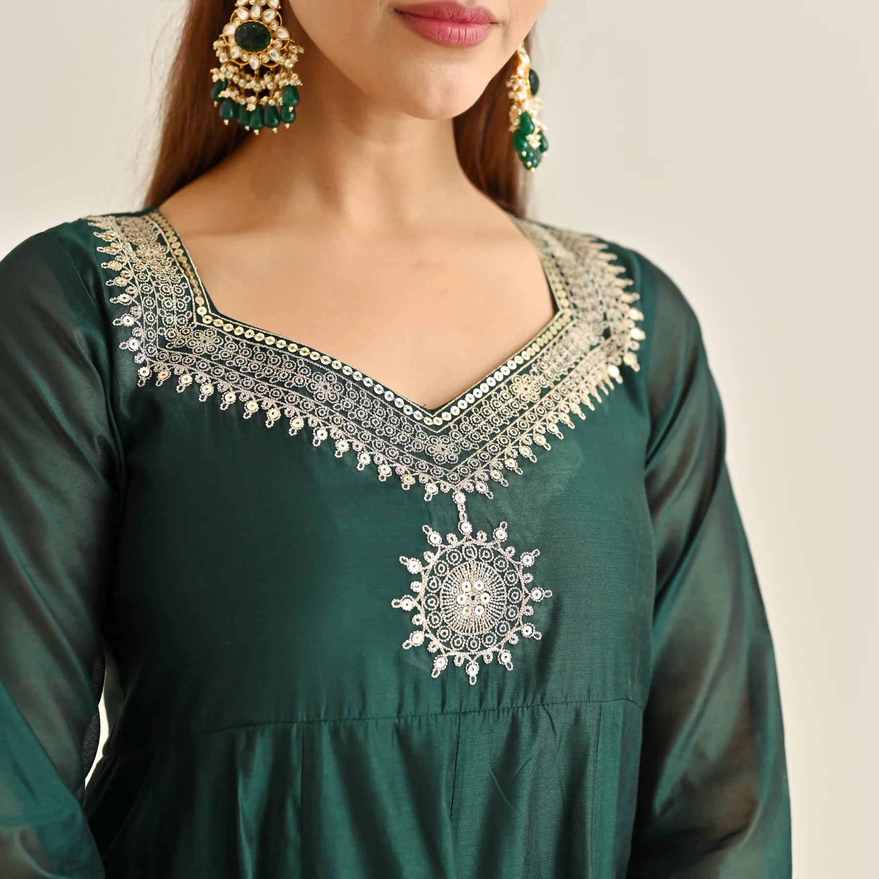 Emerald Green Festive Anarkali Set with Brocade Dupatta - Image 8