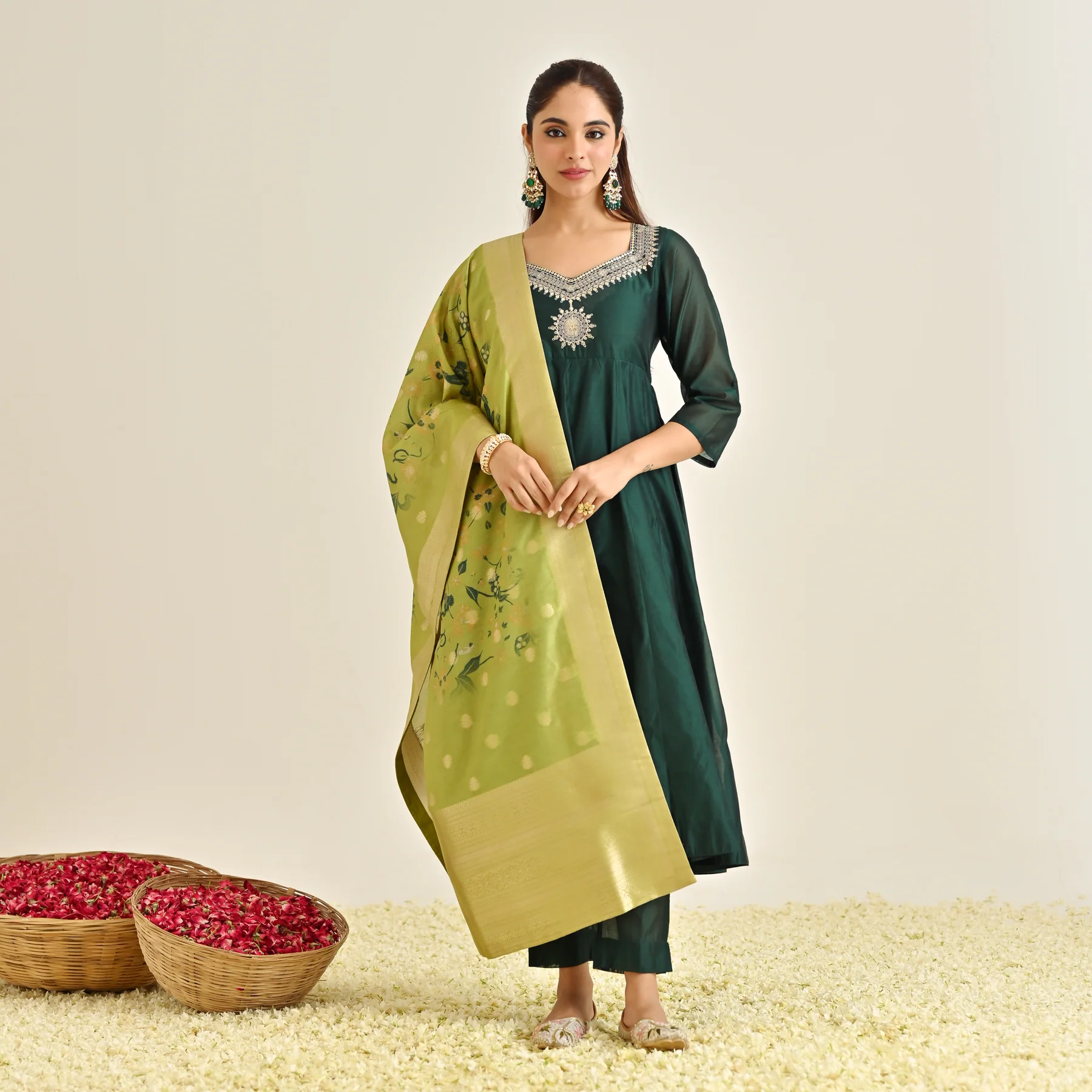 Emerald Green Festive Anarkali Set with Brocade Dupatta - Image 9