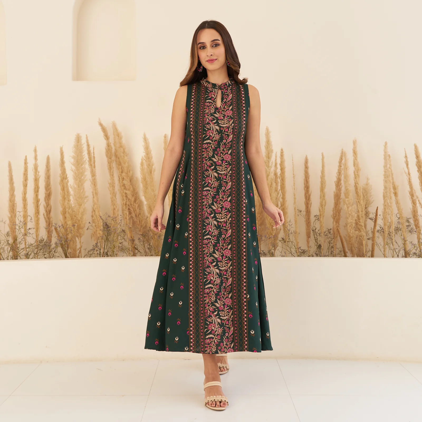 Emerald Green Floral Mandarin Collar Dress - Image 3