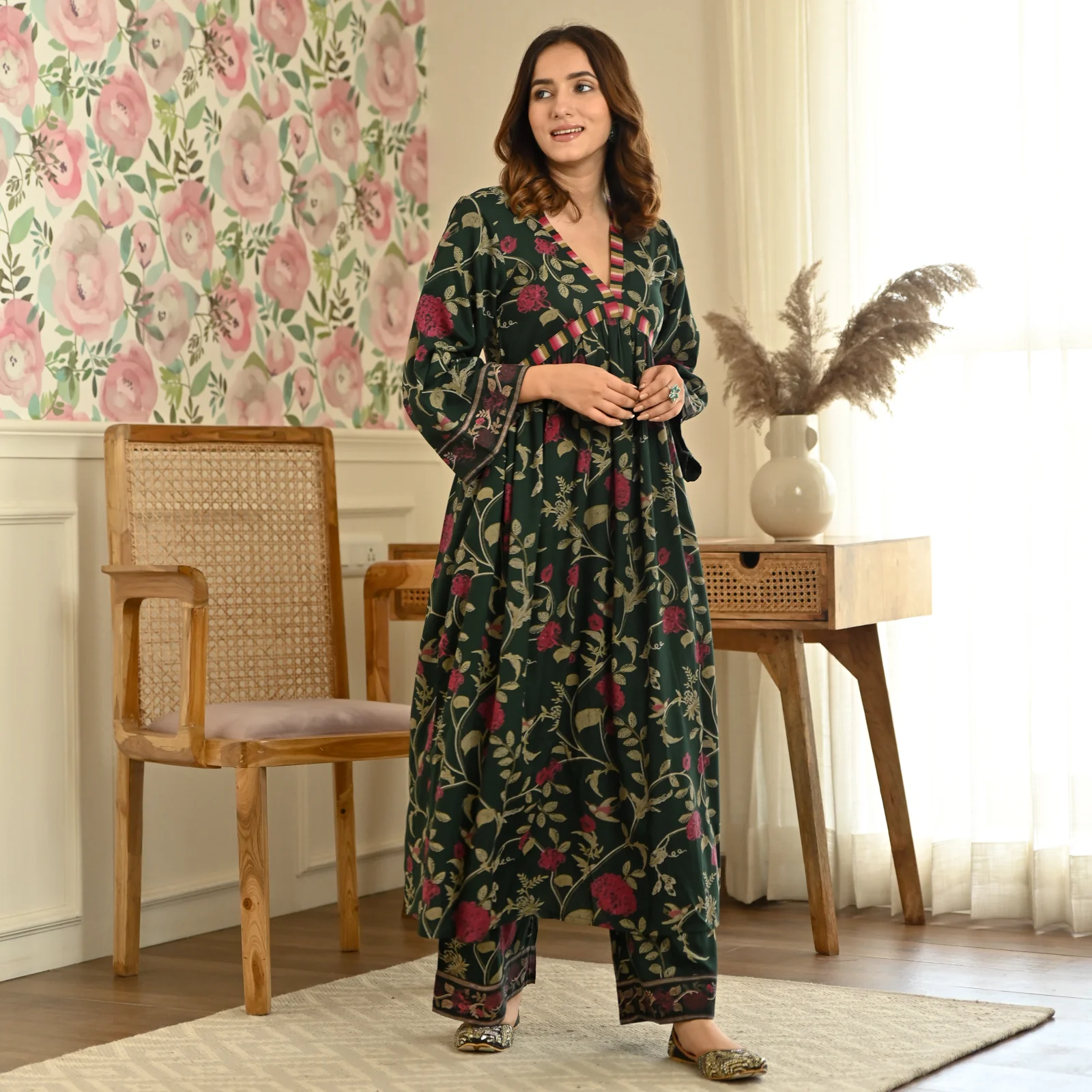 Emerald Green Front Gathered Kurta Pant Co-ord Set - Image 3