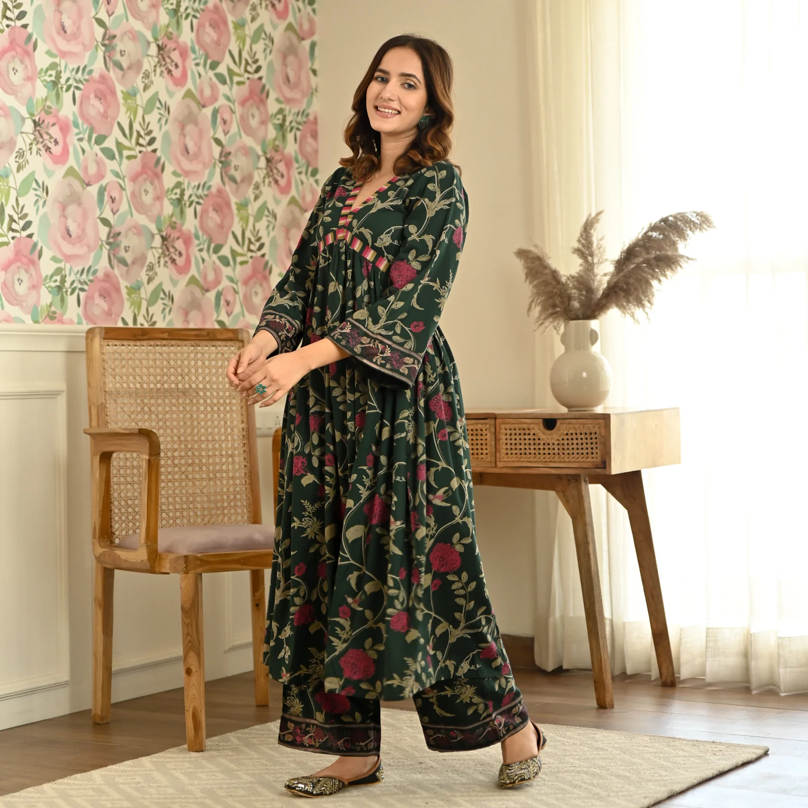 Emerald Green Front Gathered Kurta Pant Co-ord Set - Image 6