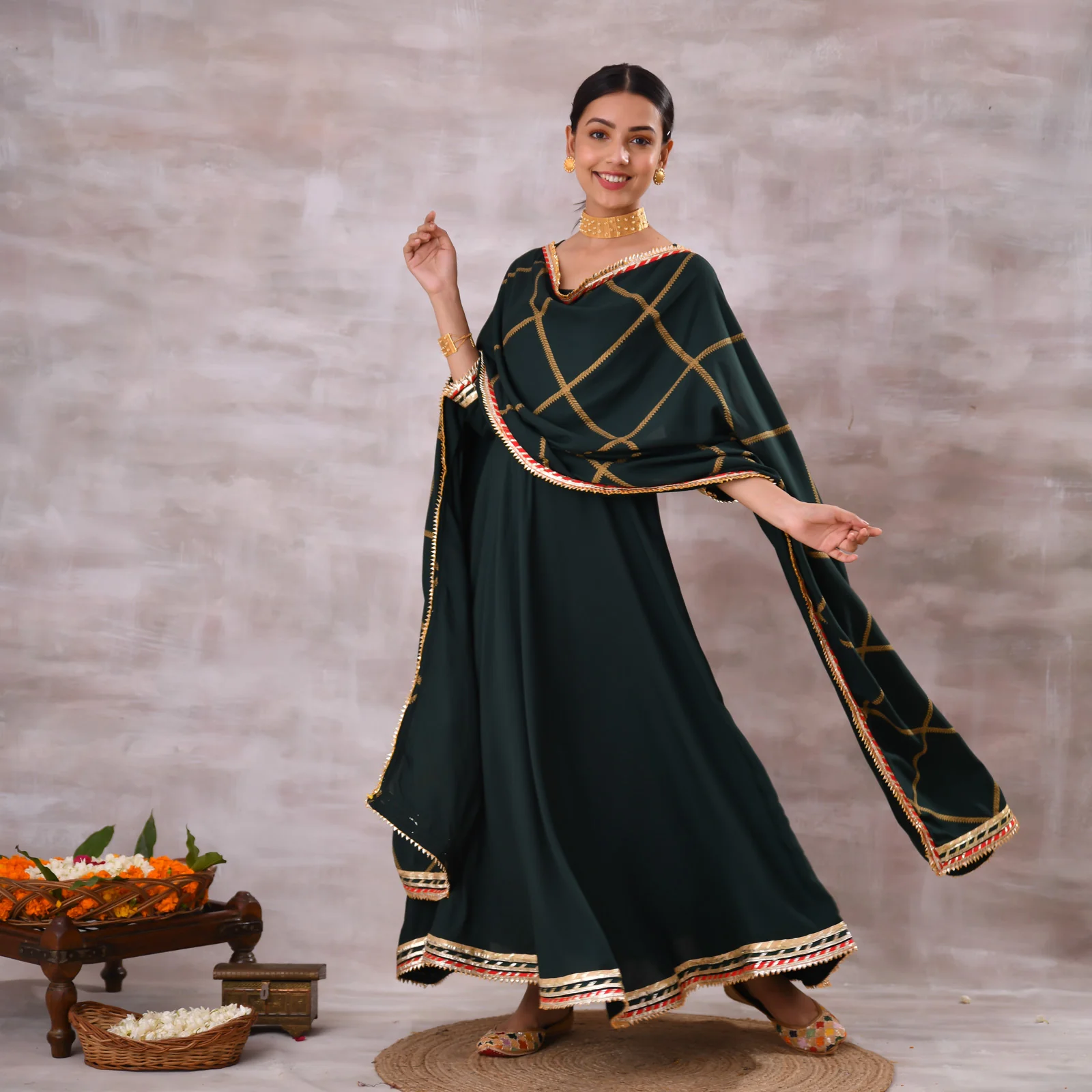 Emerald Green Long Kurta Dress with Gota Detailed Dupatta - Image 10