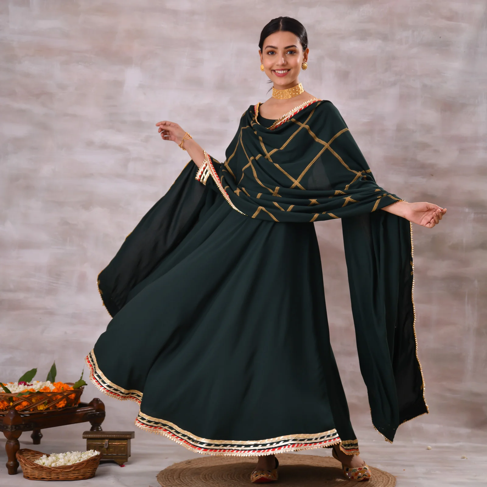 Emerald Green Long Kurta Dress with Gota Detailed Dupatta - Image 11
