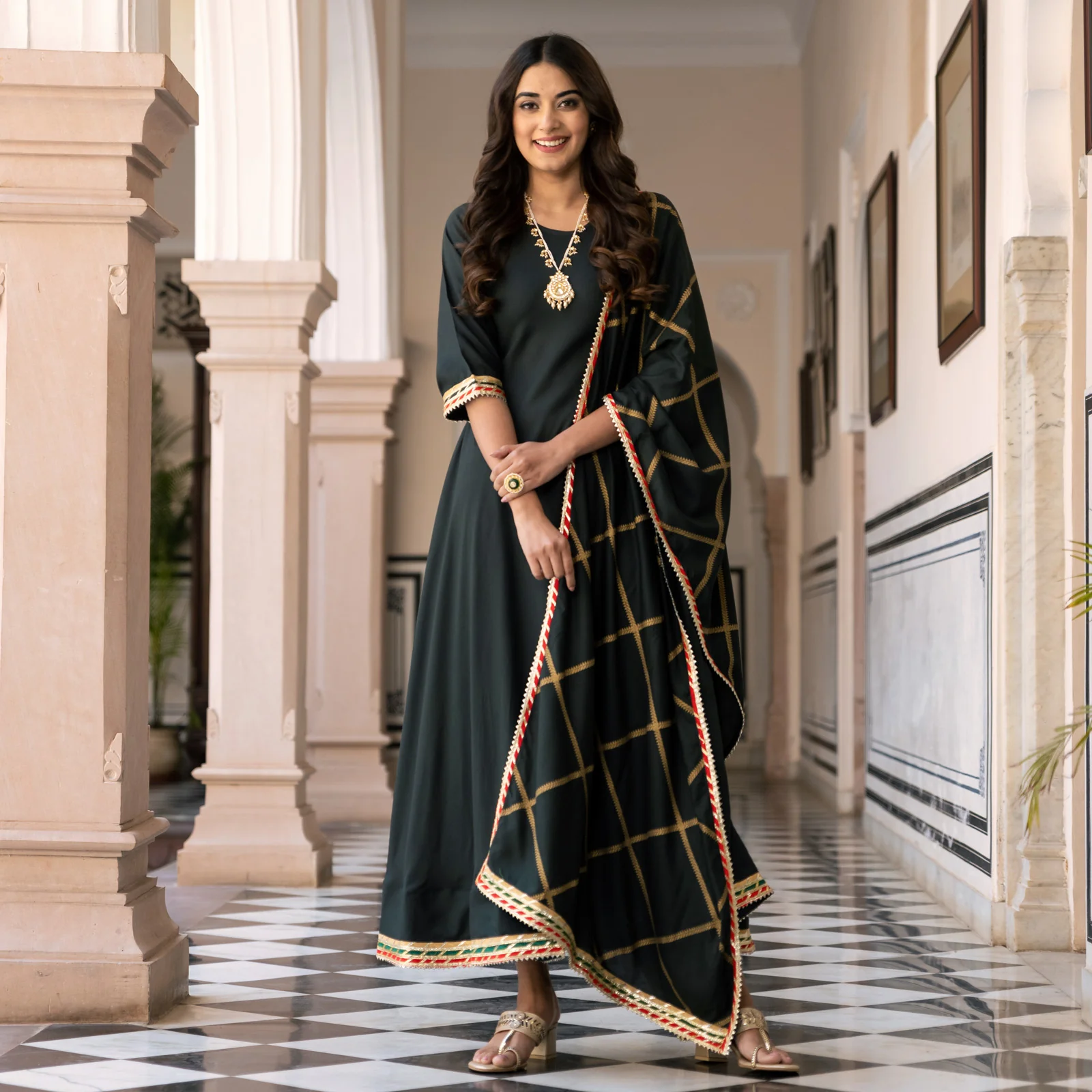 Emerald Green Long Kurta Dress with Gota Detailed Dupatta - Image 12