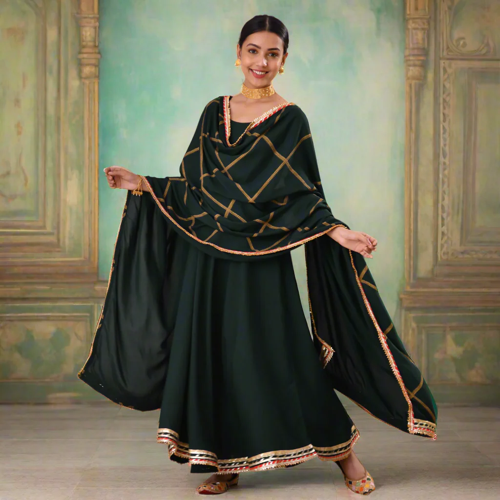 Emerald Green Long Kurta Dress with Gota Detailed Dupatta - Image 13
