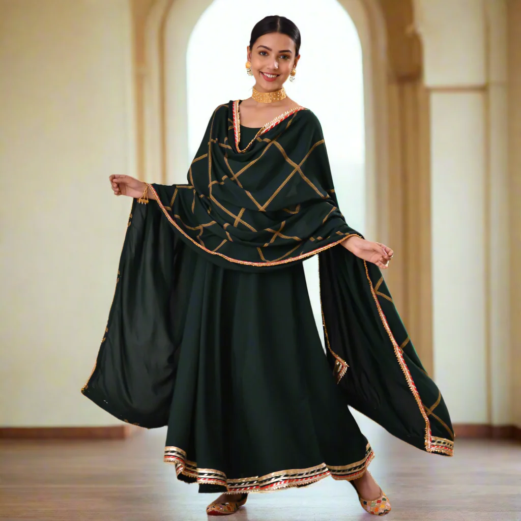 Emerald Green Long Kurta Dress with Gota Detailed Dupatta - Image 14