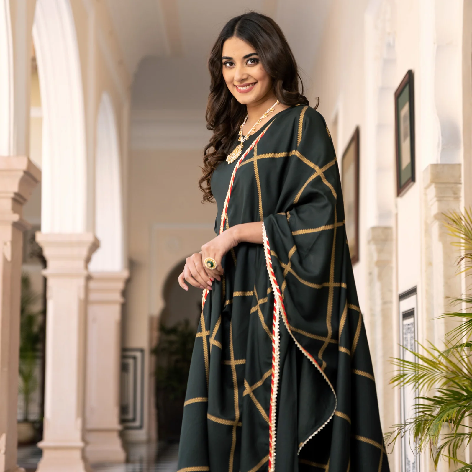 Emerald Green Long Kurta Dress with Gota Detailed Dupatta - Image 3