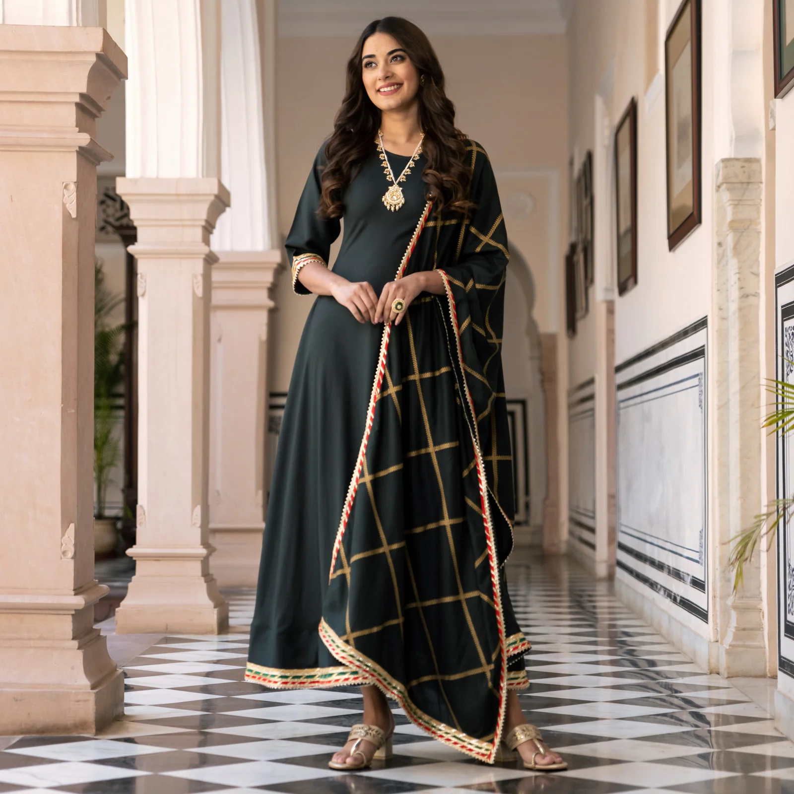 Emerald Green Long Kurta Dress with Gota Detailed Dupatta - Image 4