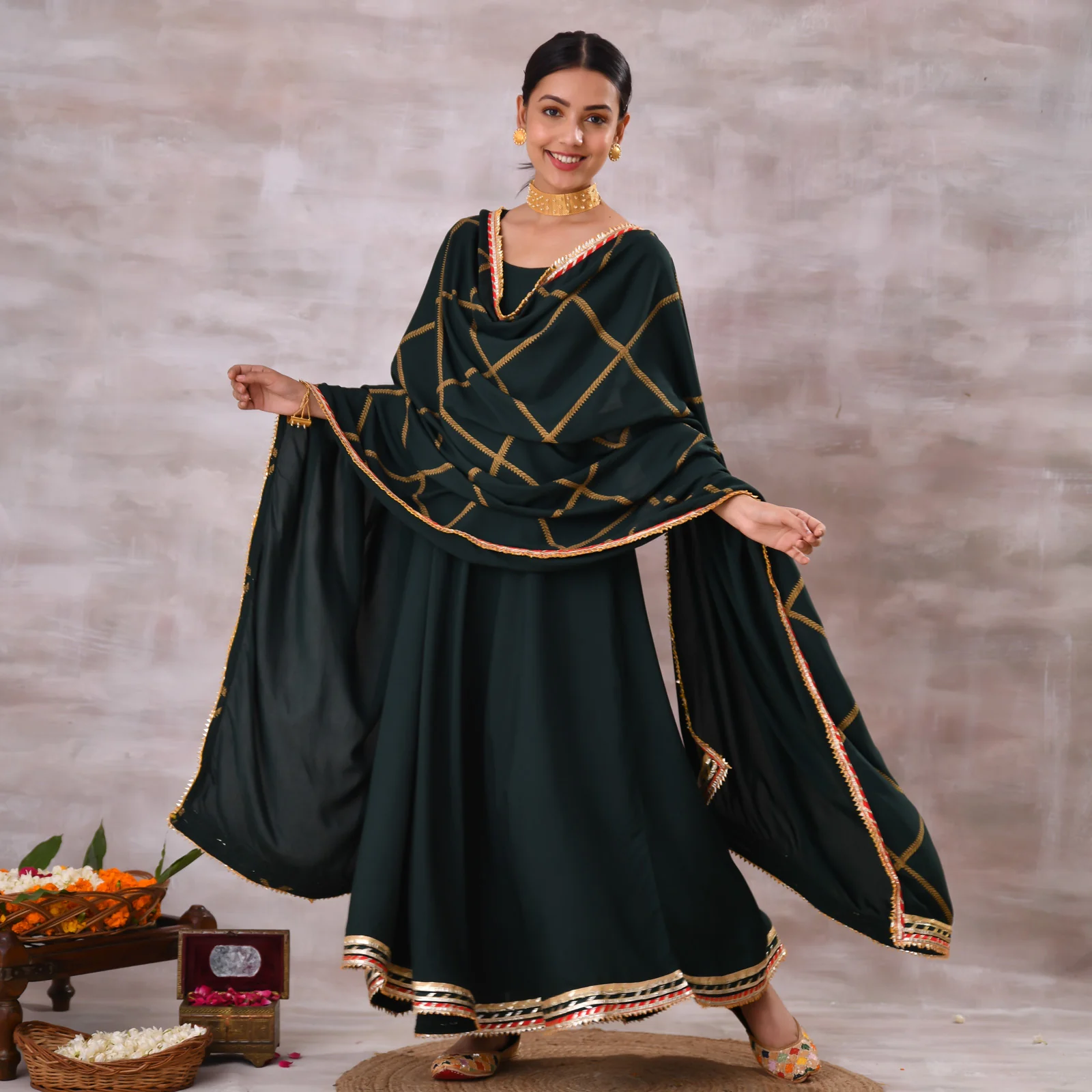 Emerald Green Long Kurta Dress with Gota Detailed Dupatta - Image 5