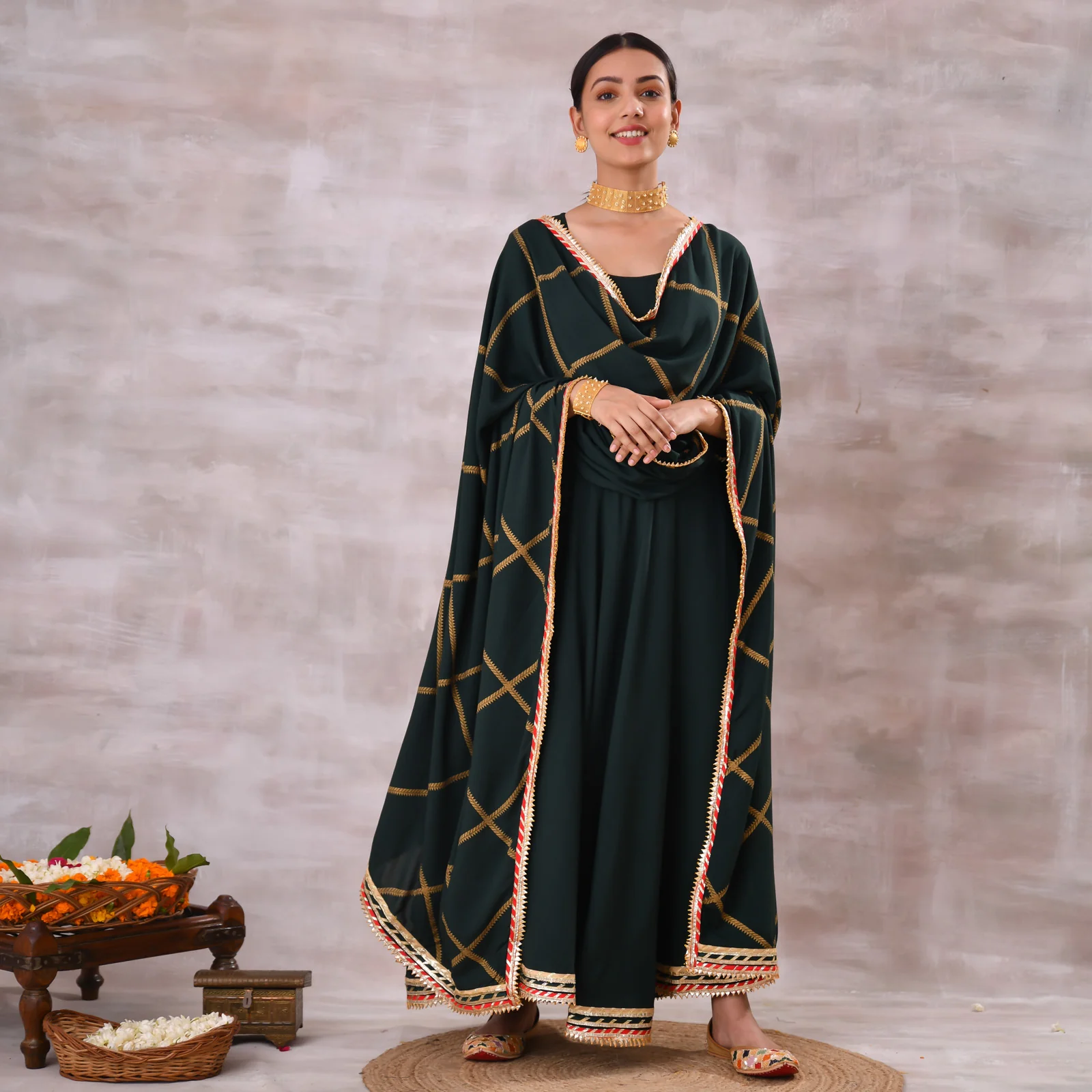 Emerald Green Long Kurta Dress with Gota Detailed Dupatta - Image 6