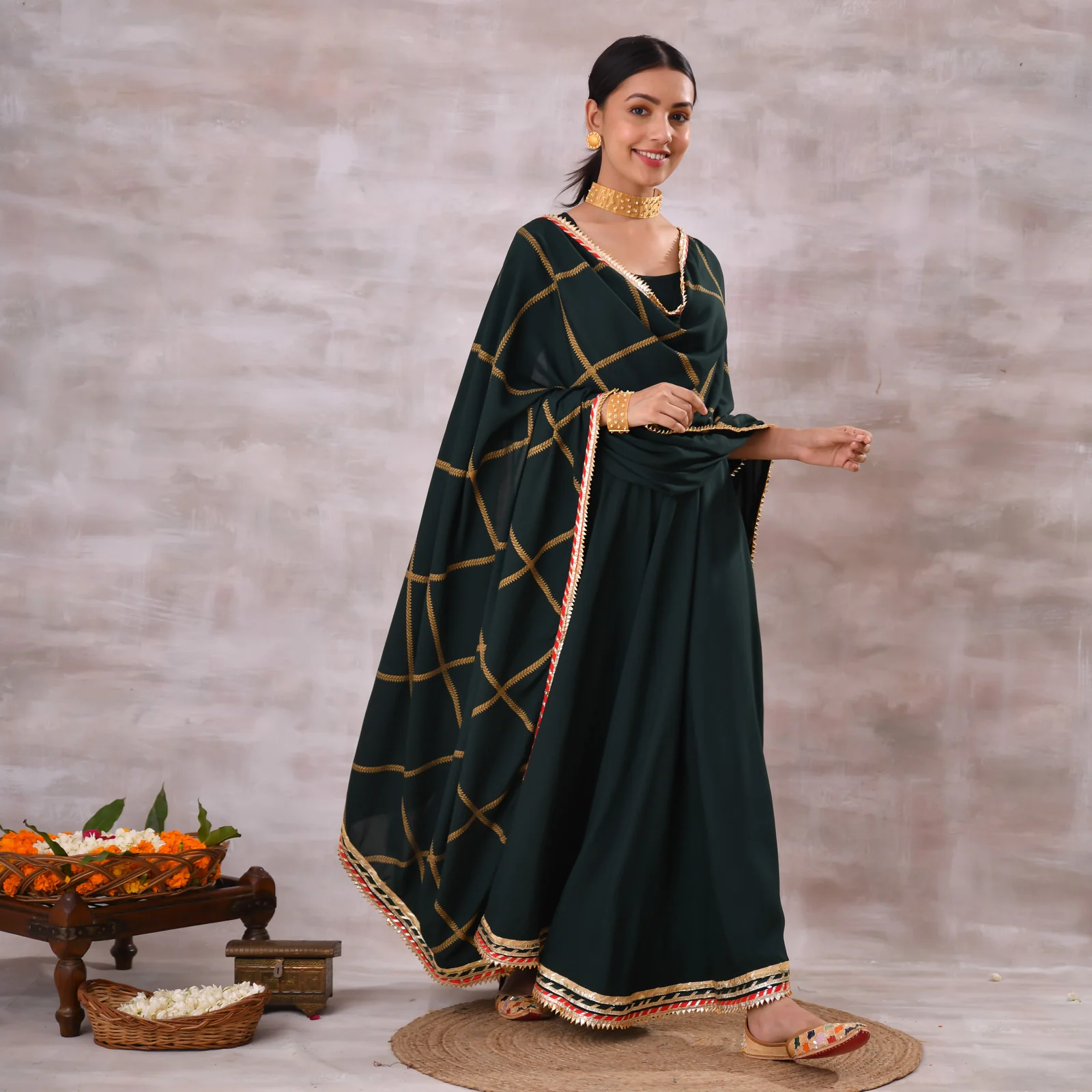 Emerald Green Long Kurta Dress with Gota Detailed Dupatta - Image 7