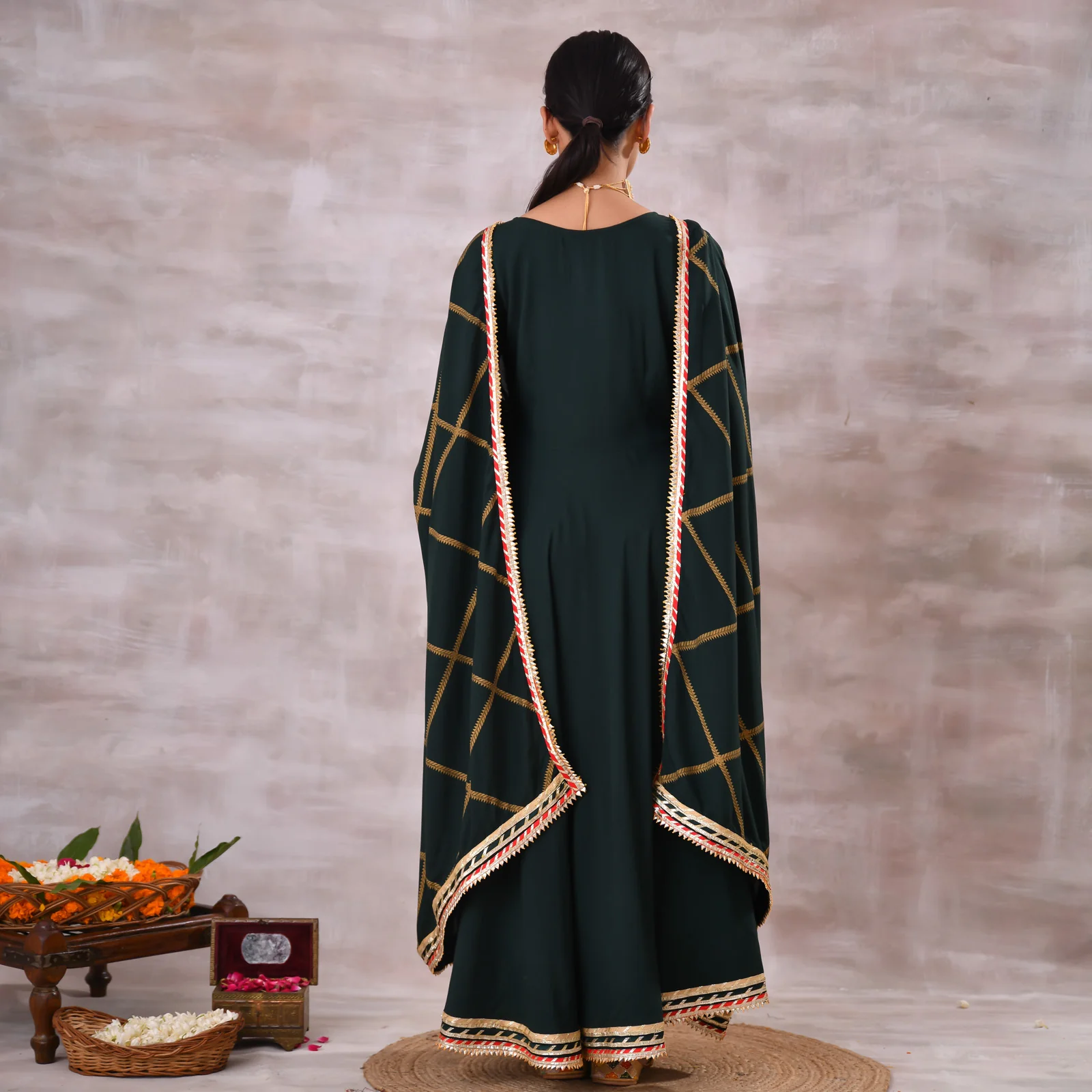 Emerald Green Long Kurta Dress with Gota Detailed Dupatta - Image 8