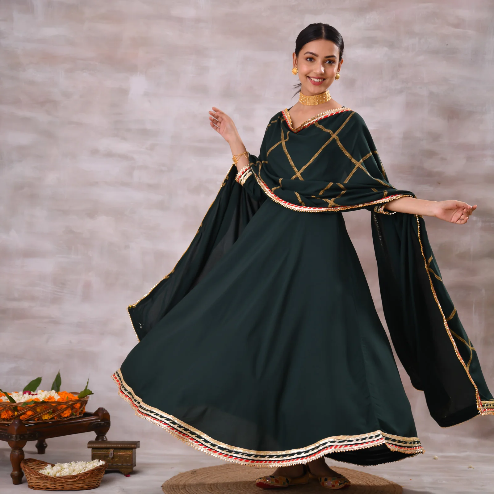 Emerald Green Long Kurta Dress with Gota Detailed Dupatta - Image 9