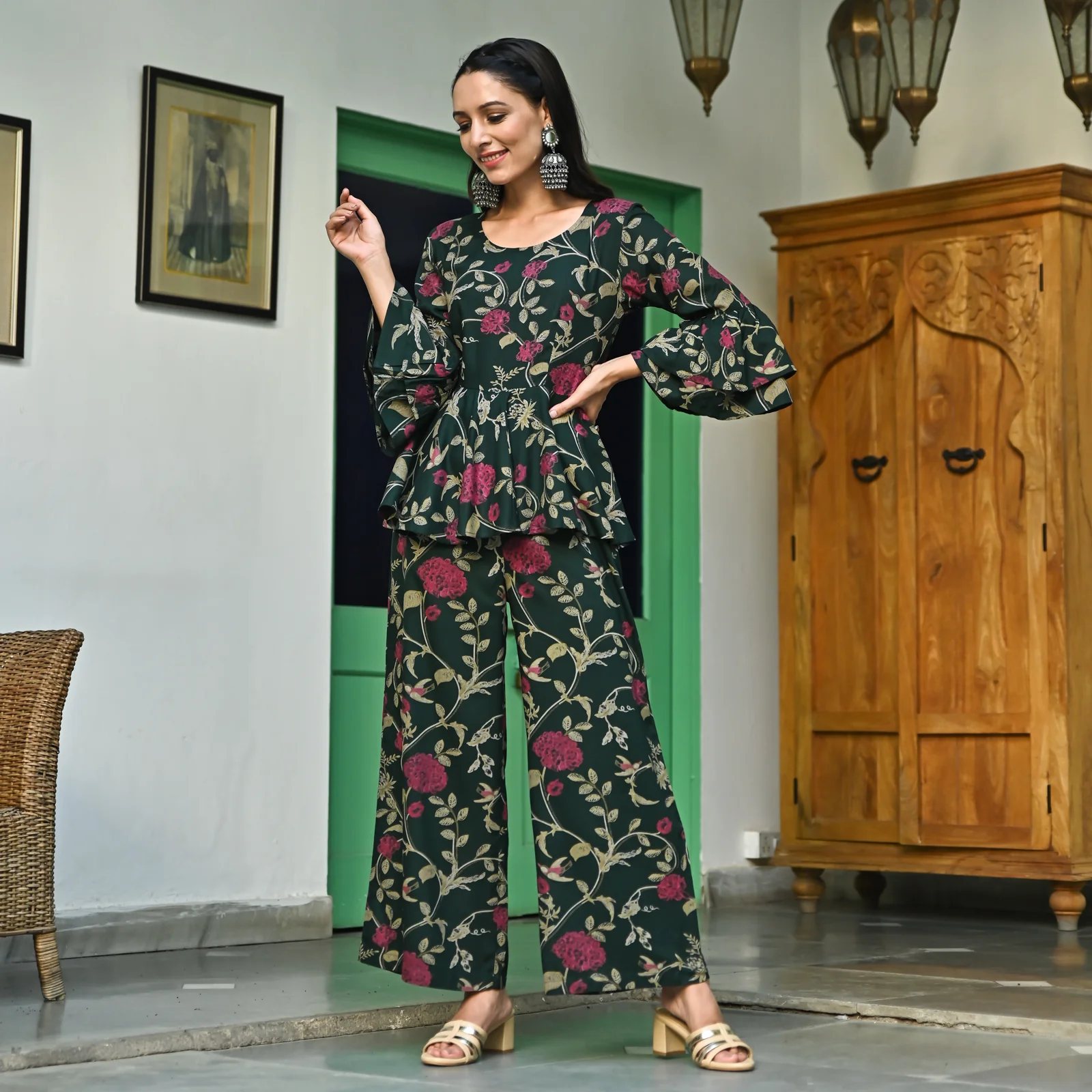 Emerald Green Peplum Top Flared Pant Set with Flutter Sleeves - Image 3