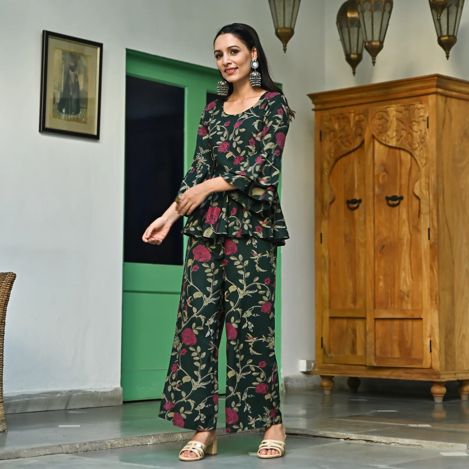 Emerald Green Peplum Top Flared Pant Set with Flutter Sleeves - Image 4