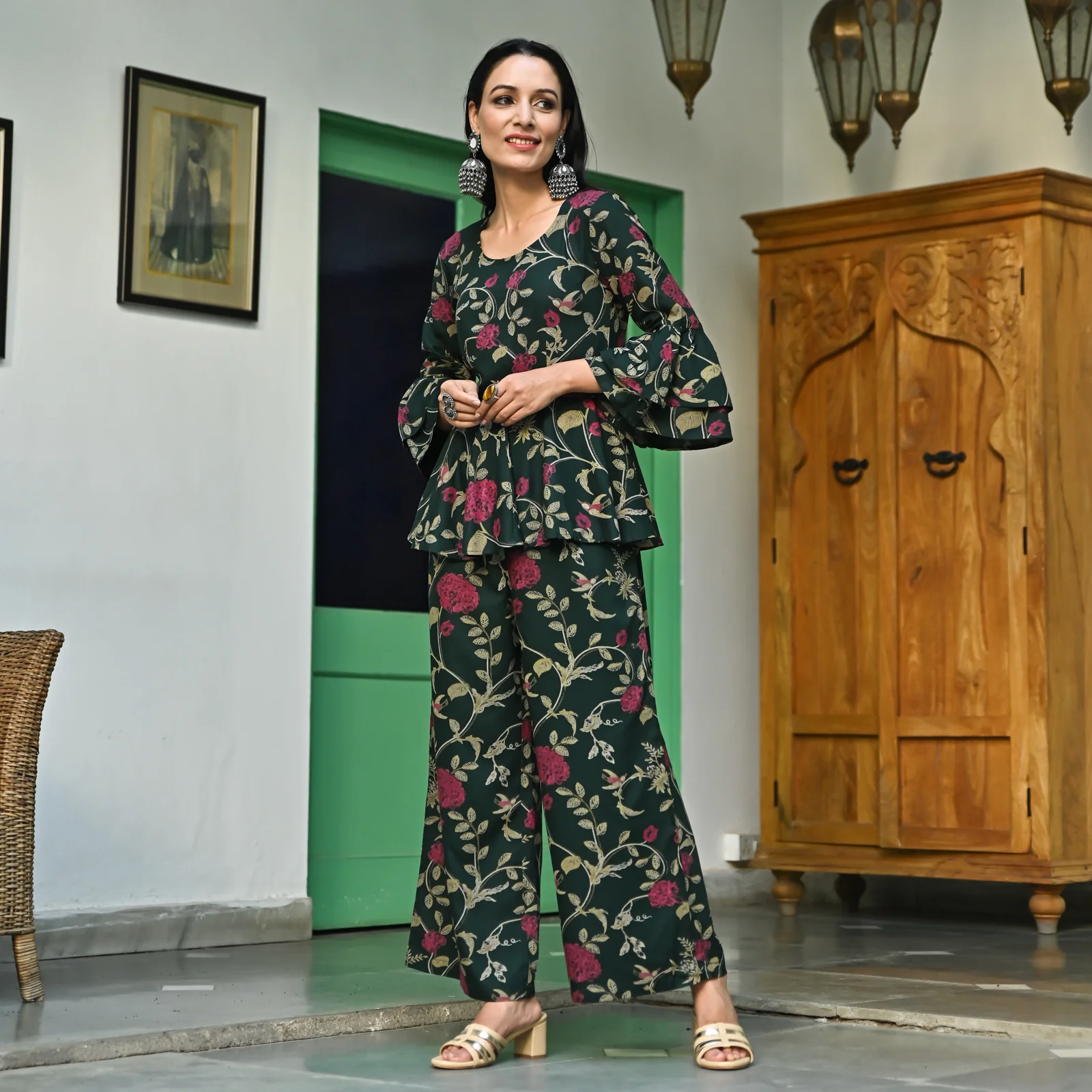 Emerald Green Peplum Top Flared Pant Set with Flutter Sleeves - Image 5
