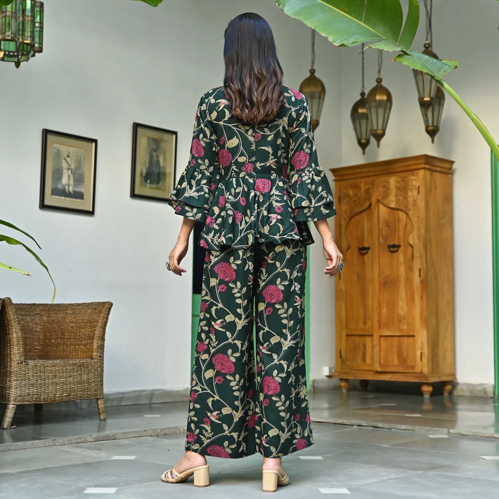 Emerald Green Peplum Top Flared Pant Set with Flutter Sleeves - Image 7