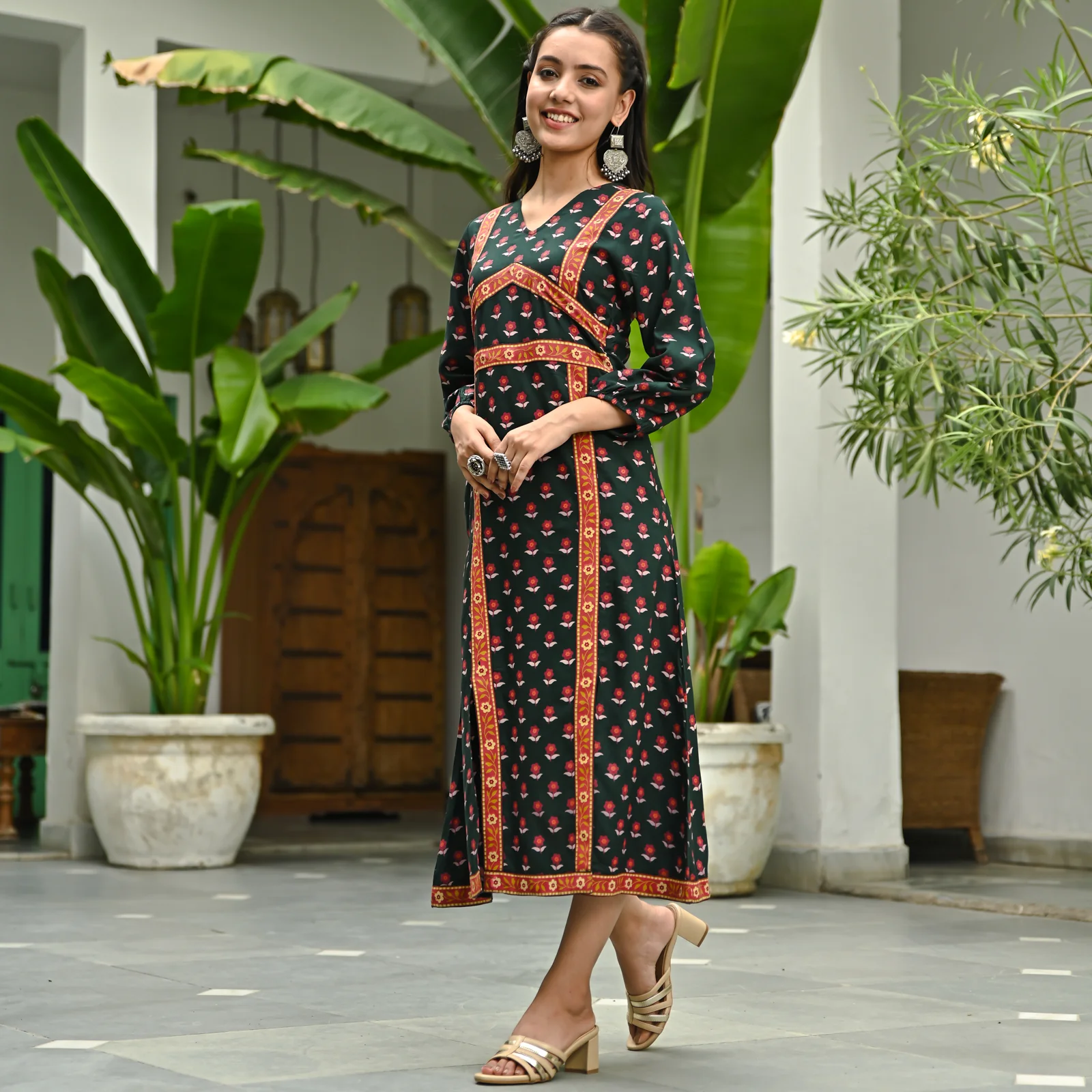 Emerald Green Printed Front Slit Dress - Image 2
