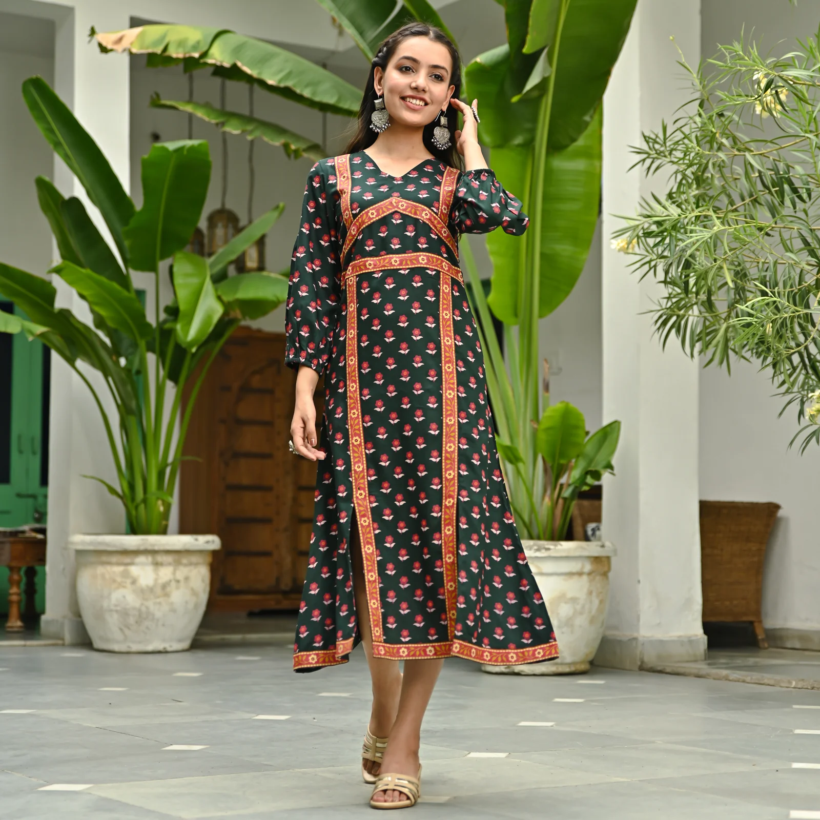 Emerald Green Printed Front Slit Dress - Image 3