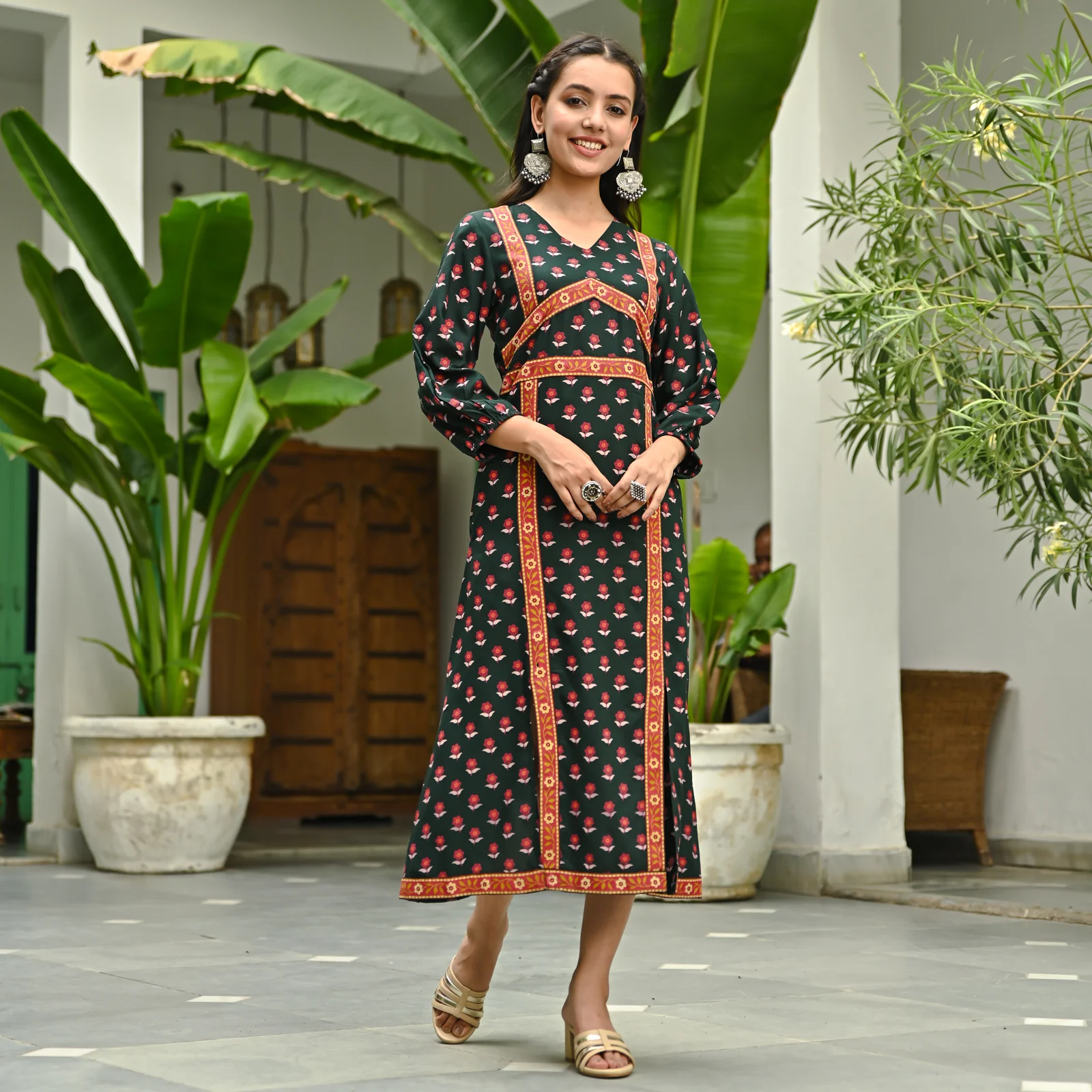 Emerald Green Printed Front Slit Dress - Image 4