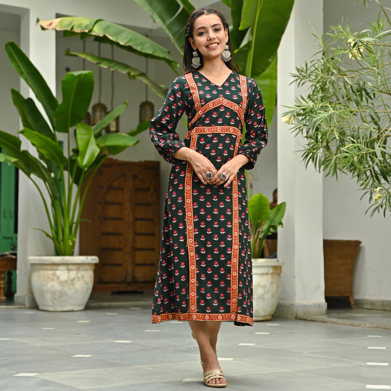 Emerald Green Printed Front Slit Dress - Image 5