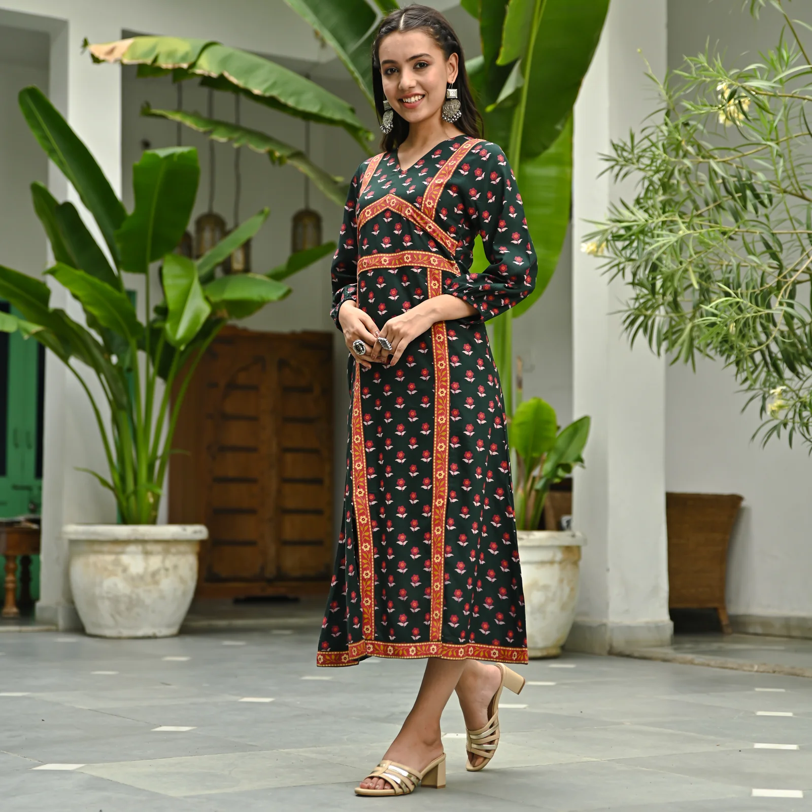 Emerald Green Printed Front Slit Dress - Image 6
