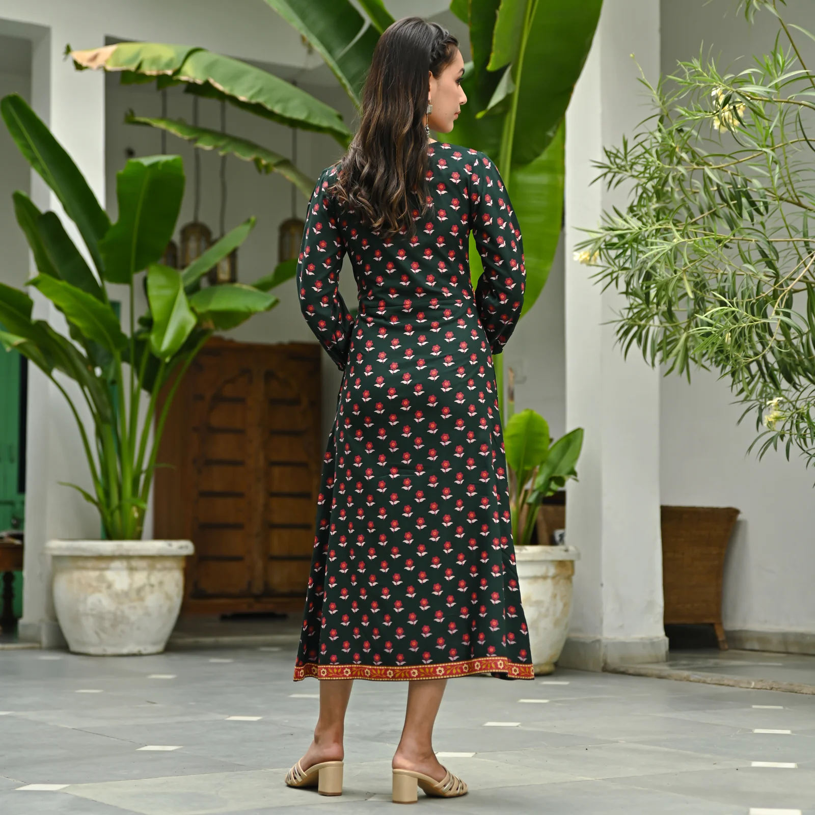 Emerald Green Printed Front Slit Dress - Image 7
