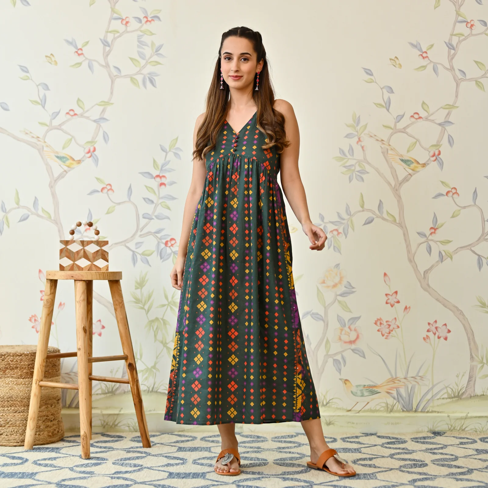 Emerald Green Printed Strappy Shoulder Cotton Maxi Dress