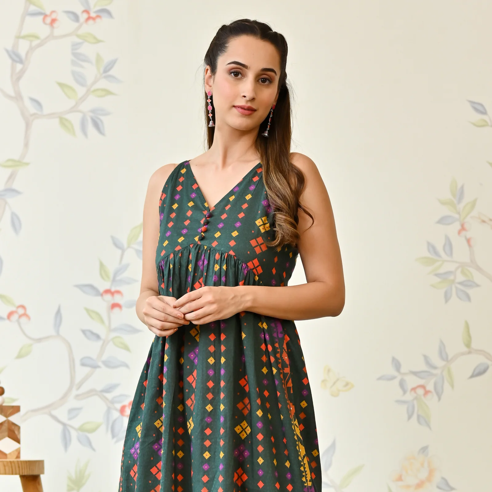 Emerald Green Printed Strappy Shoulder Cotton Maxi Dress - Image 2