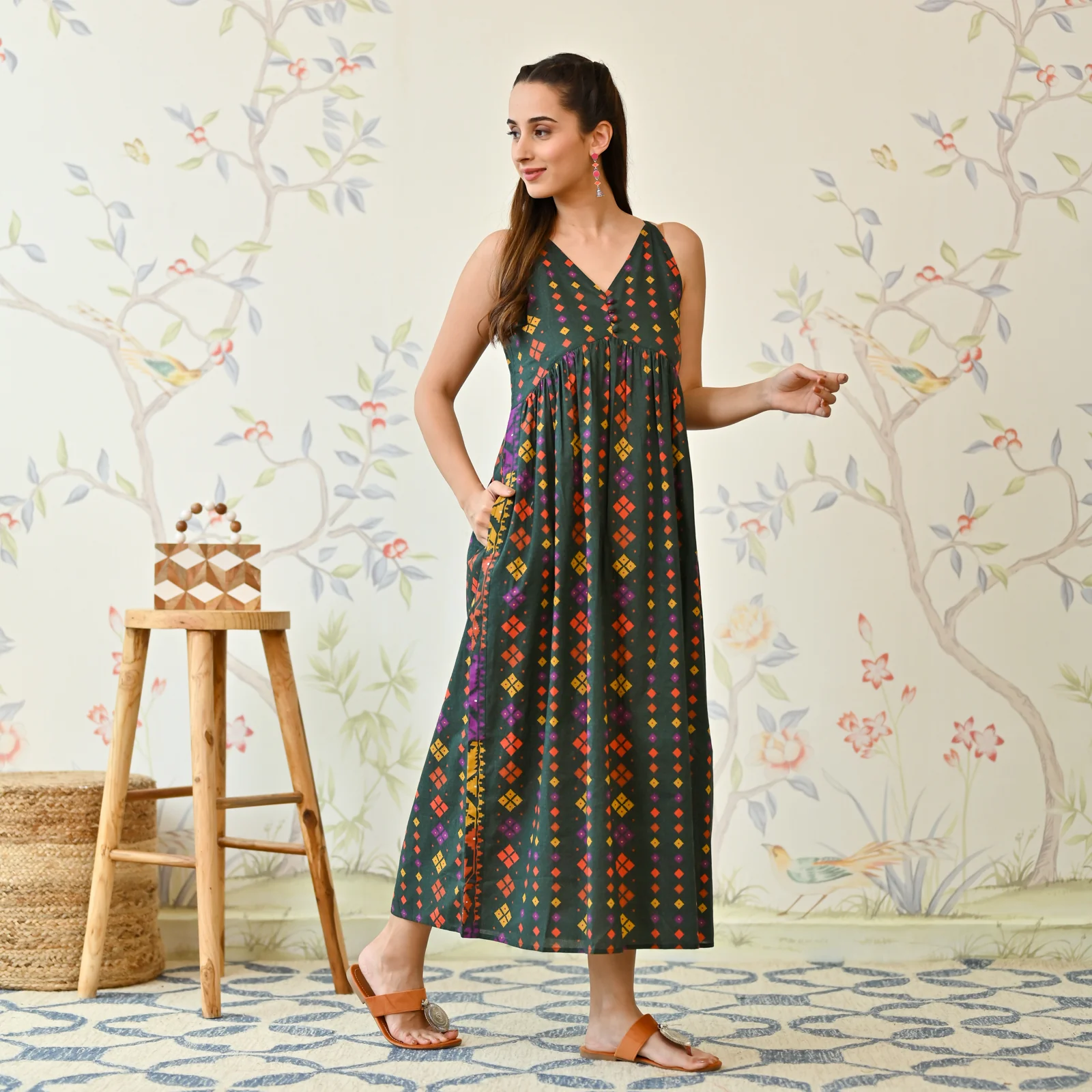 Emerald Green Printed Strappy Shoulder Cotton Maxi Dress - Image 3