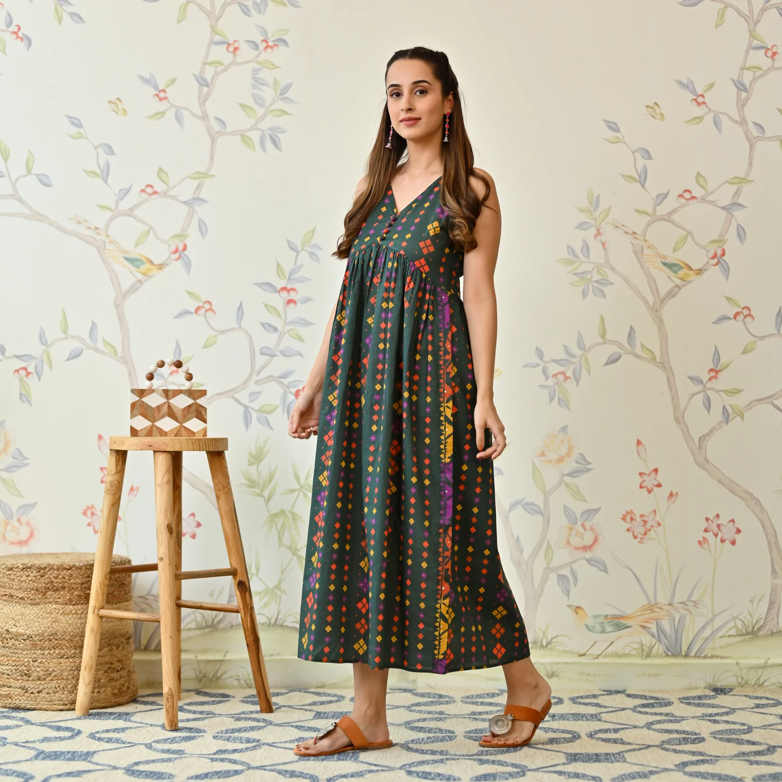 Emerald Green Printed Strappy Shoulder Cotton Maxi Dress - Image 4