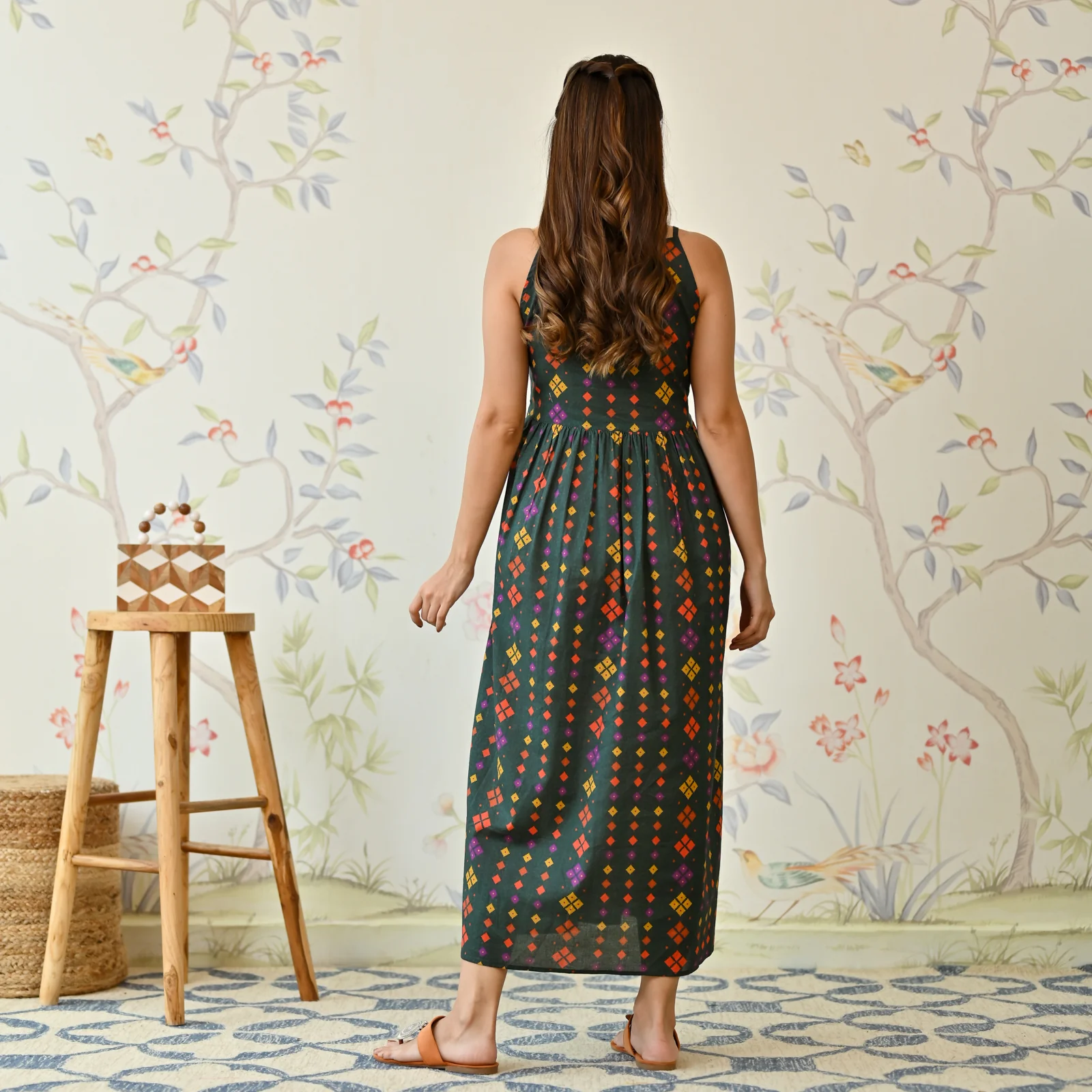 Emerald Green Printed Strappy Shoulder Cotton Maxi Dress - Image 5