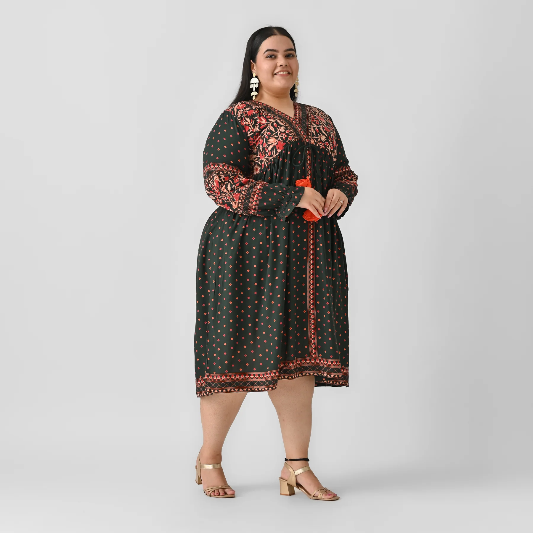 Emerald Green Printed V Neck Dress - SOM - Image 3