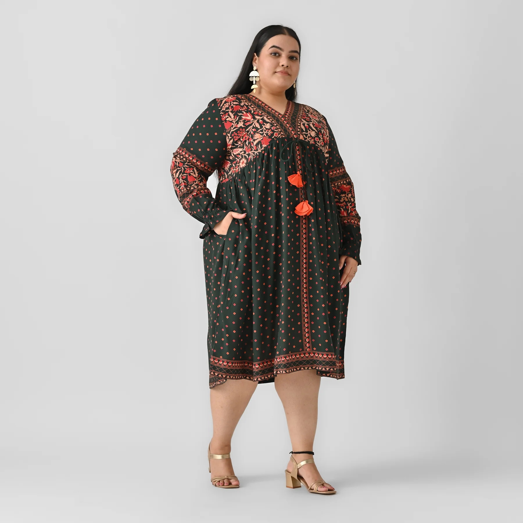Emerald Green Printed V Neck Dress - SOM - Image 5