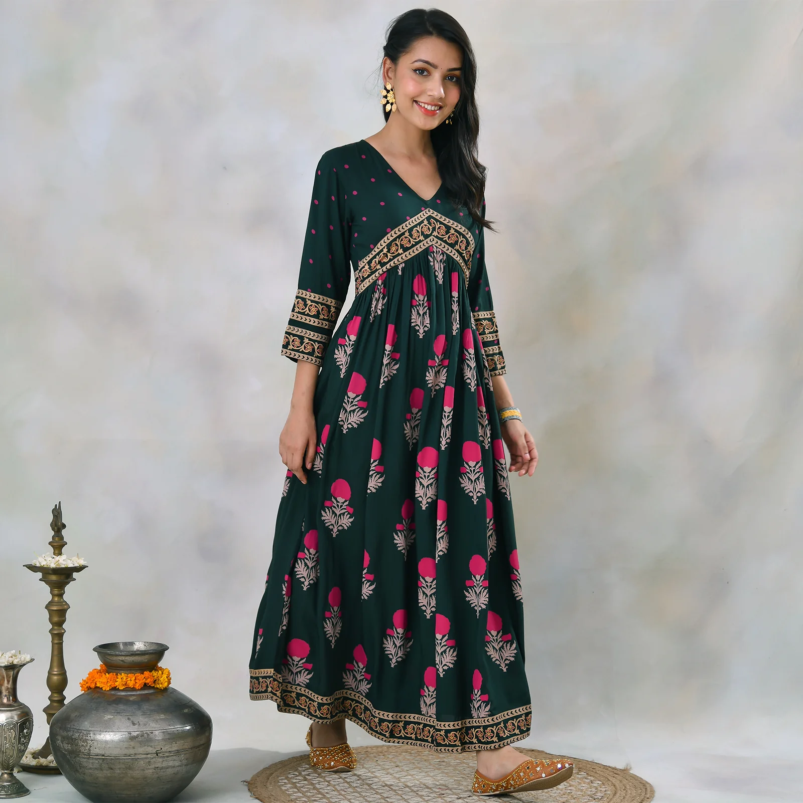 Emerald Green V Neck Alia Cut Dress with Buta & Polka Prints - Image 10