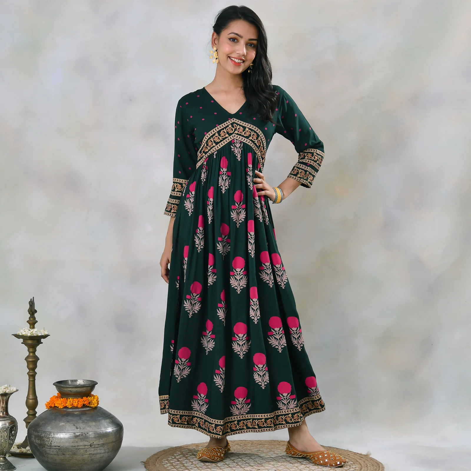Emerald Green V Neck Alia Cut Dress with Buta & Polka Prints - Image 11