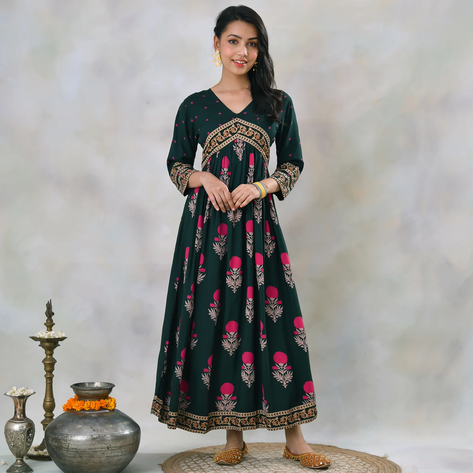 Emerald Green V Neck Alia Cut Dress with Buta & Polka Prints - Image 12