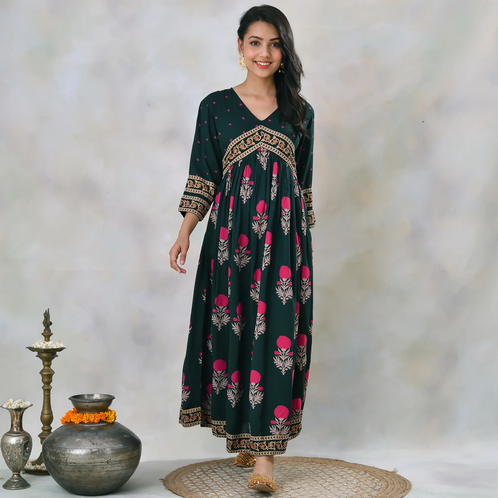 Emerald Green V Neck Alia Cut Dress with Buta & Polka Prints - Image 13