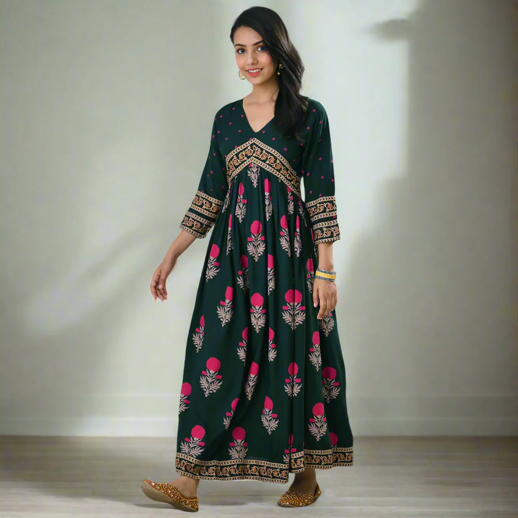 Emerald Green V Neck Alia Cut Dress with Buta & Polka Prints - Image 14
