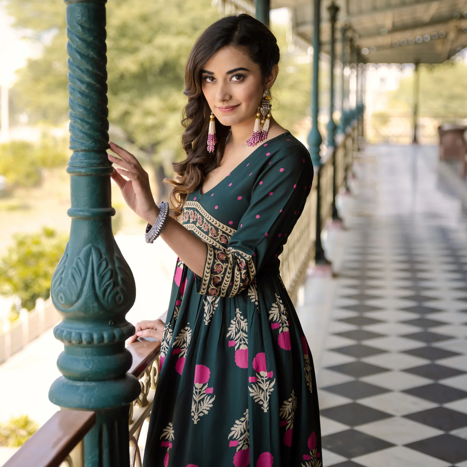 Emerald Green V Neck Alia Cut Dress with Buta & Polka Prints - Image 3