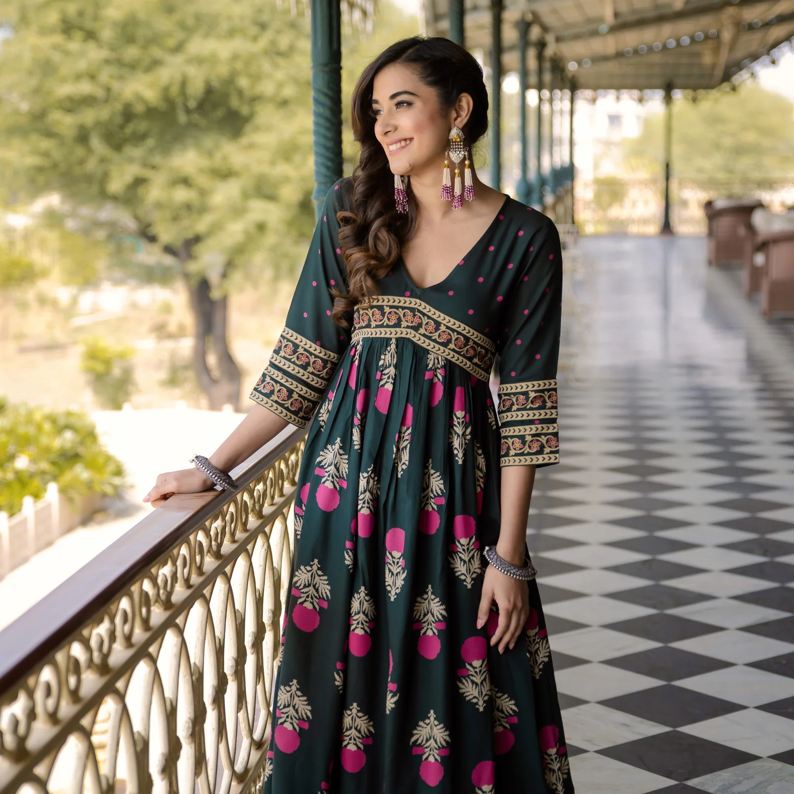 Emerald Green V Neck Alia Cut Dress with Buta & Polka Prints - Image 4