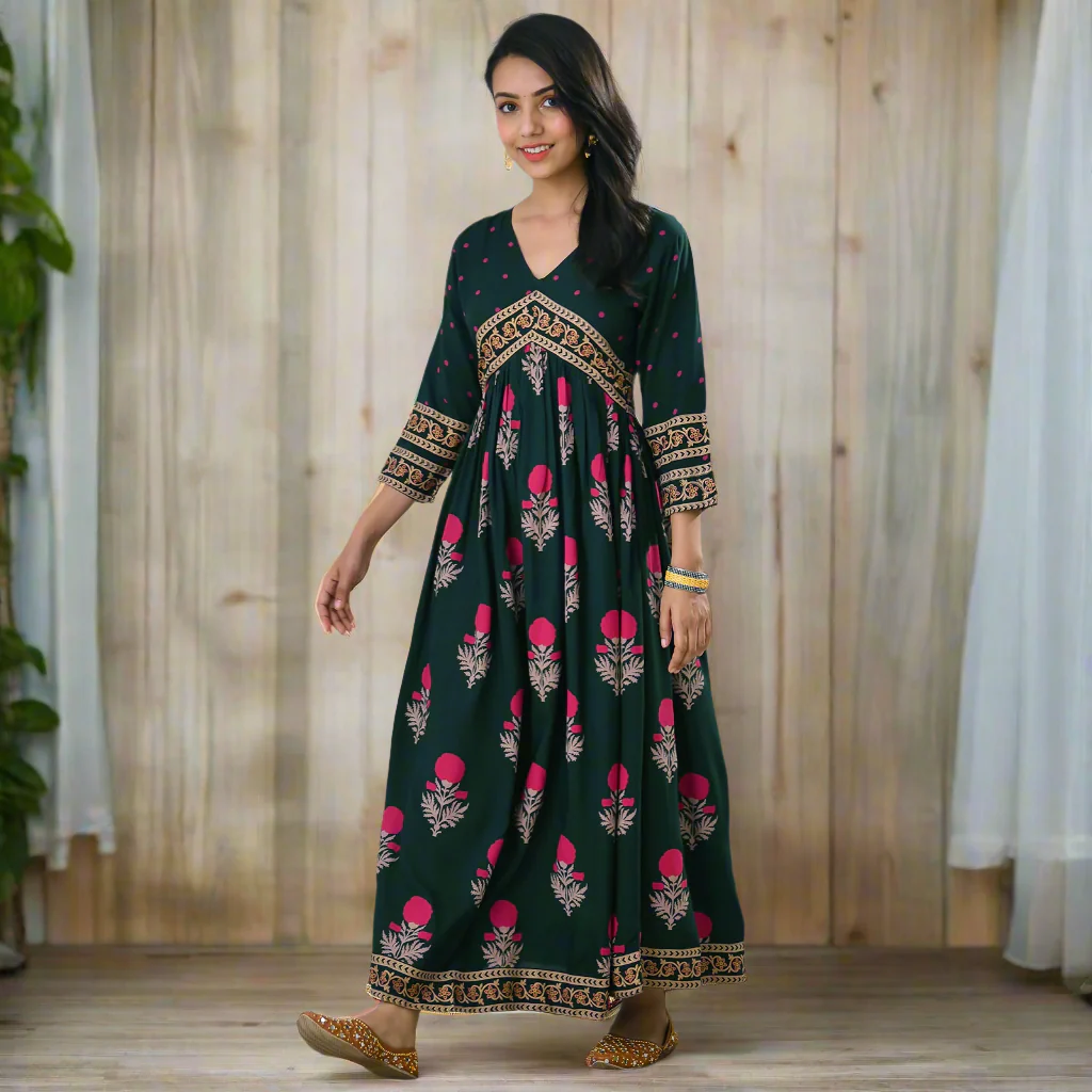 Emerald Green V Neck Alia Cut Dress with Buta & Polka Prints - Image 5