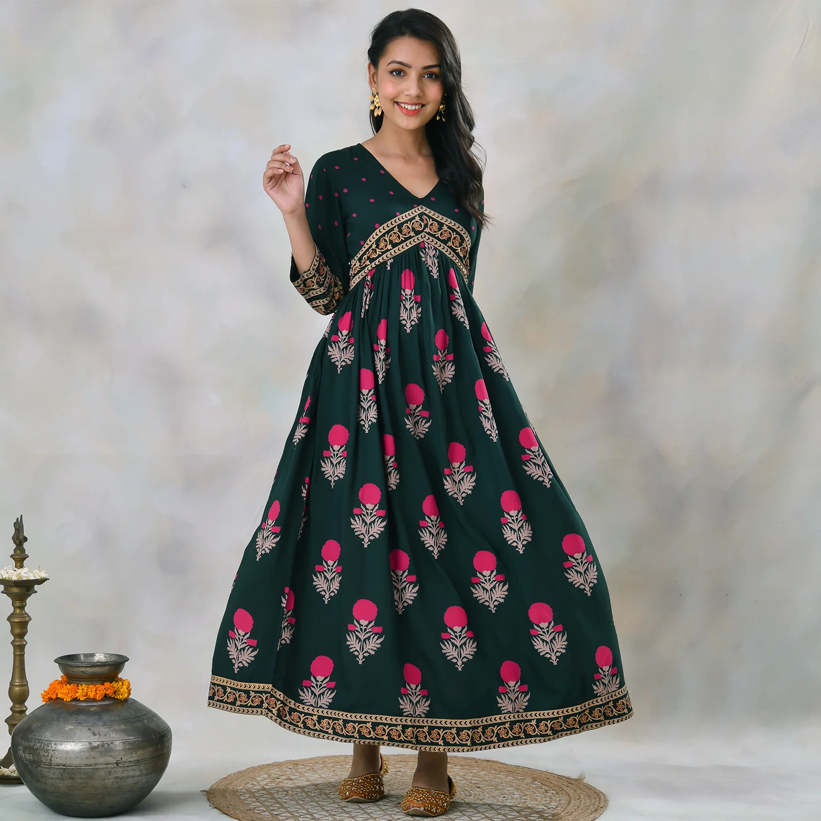 Emerald Green V Neck Alia Cut Dress with Buta & Polka Prints - Image 6