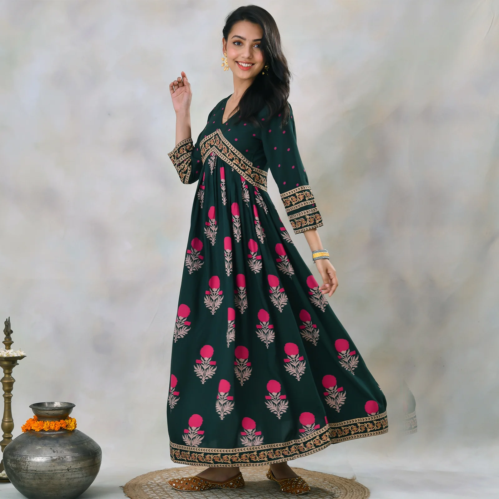 Emerald Green V Neck Alia Cut Dress with Buta & Polka Prints - Image 7