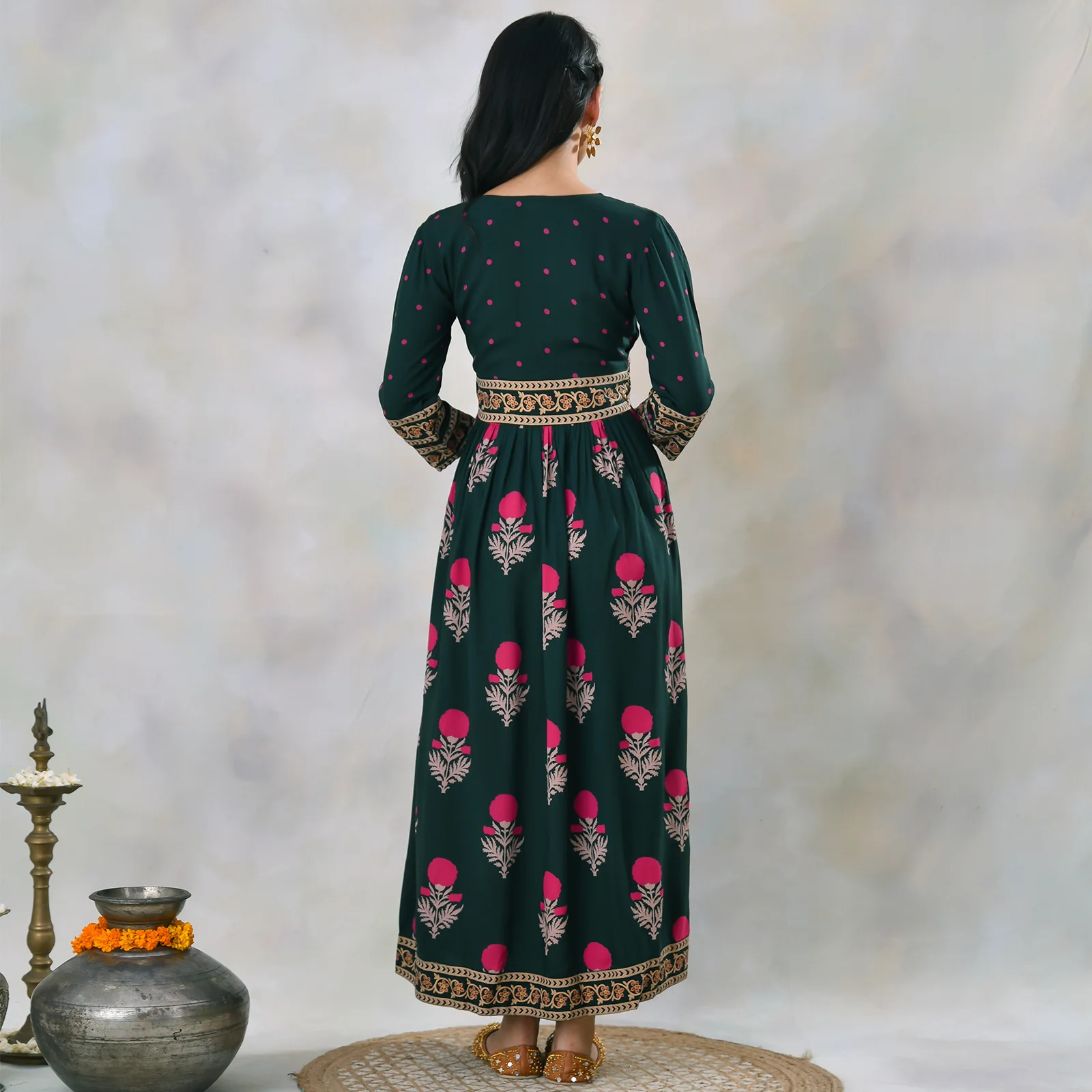 Emerald Green V Neck Alia Cut Dress with Buta & Polka Prints - Image 8