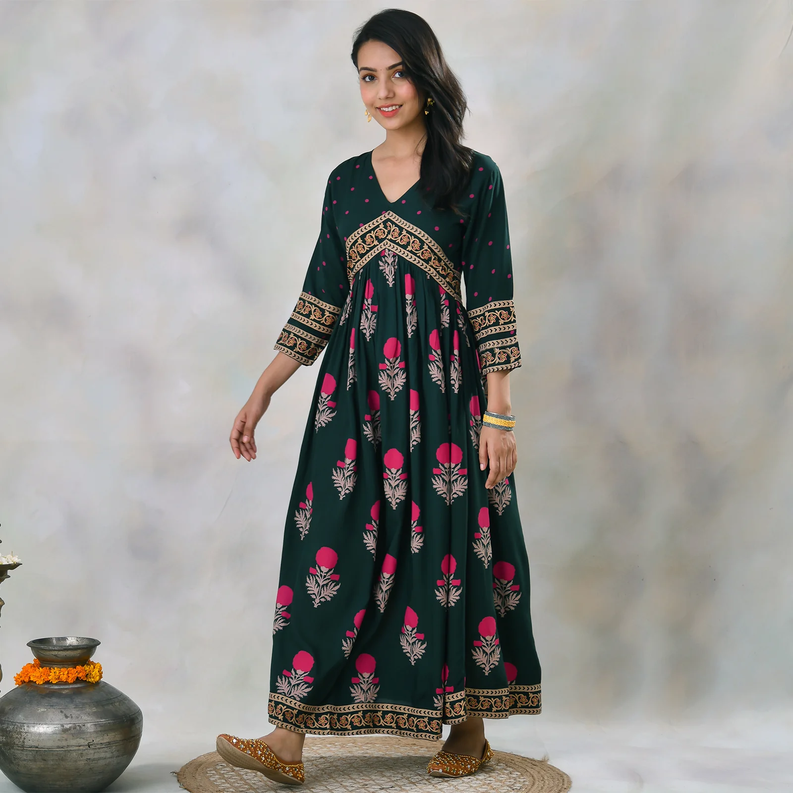 Emerald Green V Neck Alia Cut Dress with Buta & Polka Prints - Image 9