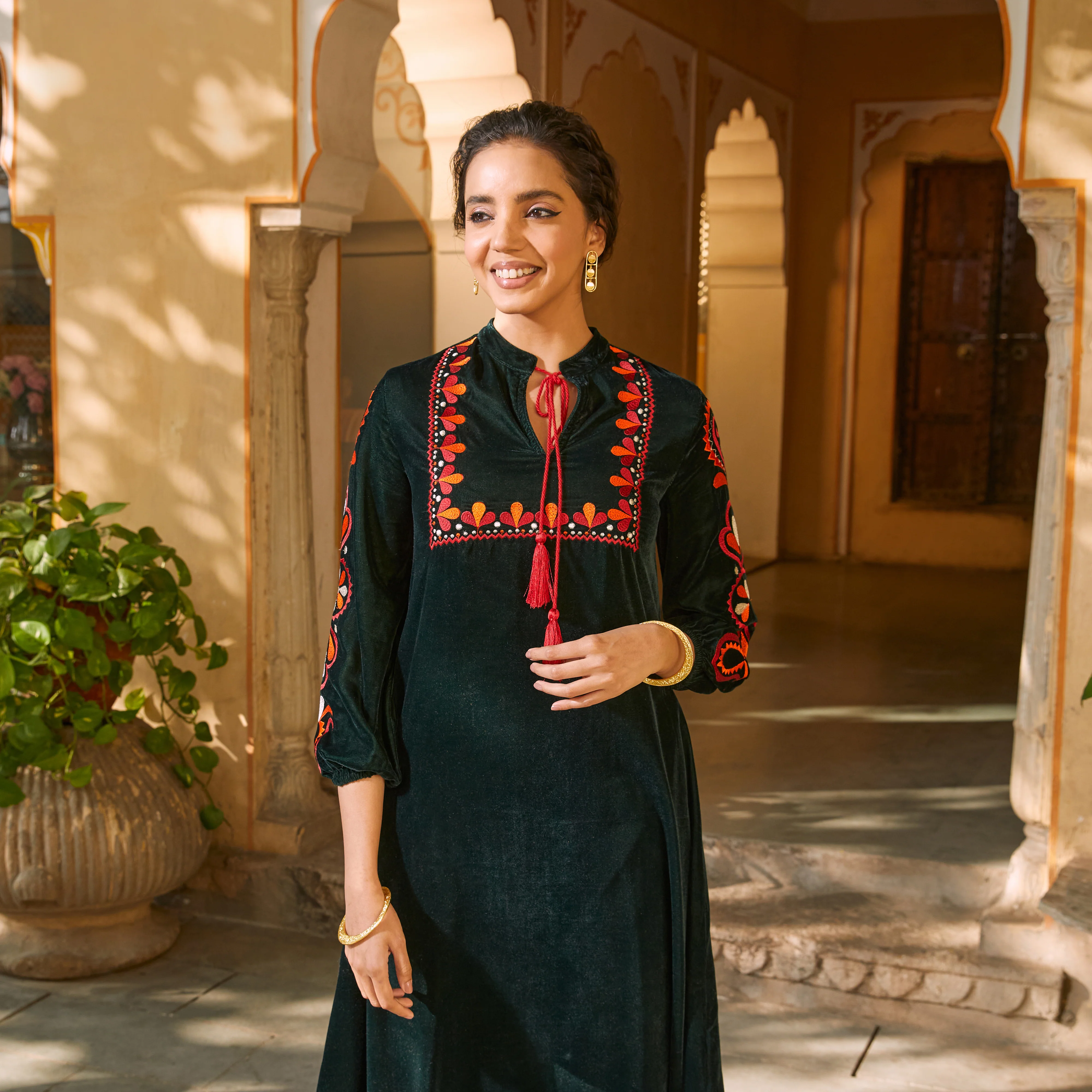 Emerald Green Velvet A-Line Embroidered Kurta - Image 10